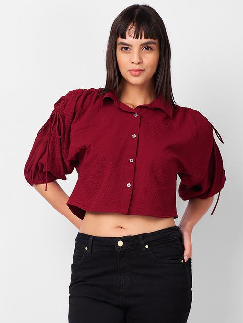 women solid puff sleeves collared crop shirt - 21840693 - Very Small Image - 1