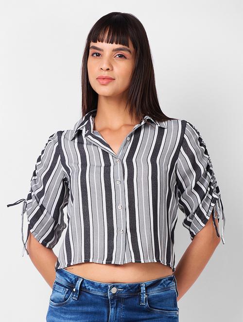 women striped collared ruched sleeves crop shirt - 21840701 - Very Small Image - 1