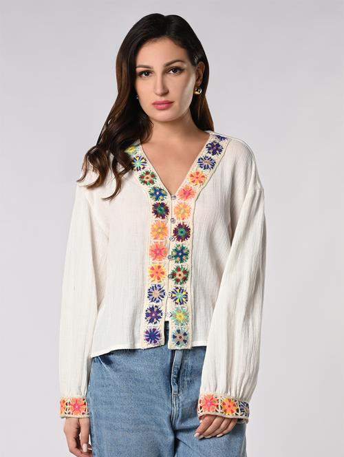 women crochet detailed puff sleeves regular top - 21840724 - Very Small Image - 1