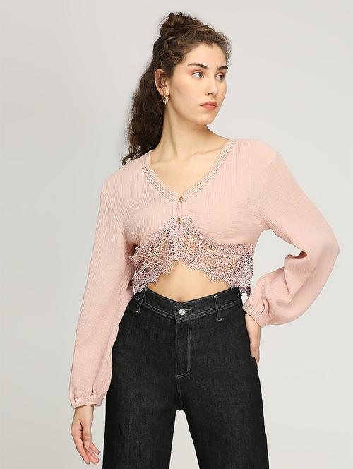 women lace detailed puff sleeves crop top - 21840757 - Very Small Image - 1