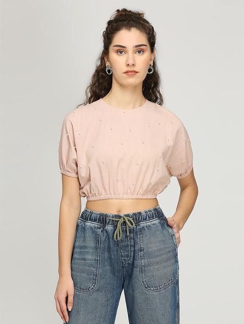 women embellished round neck crop top - 21840761 - Very Small Image - 1