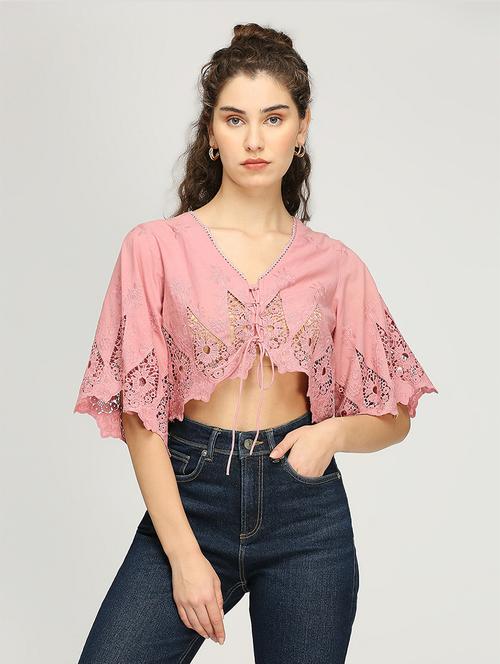 women laced flared sleeves crop top - 21840764 - Very Small Image - 1