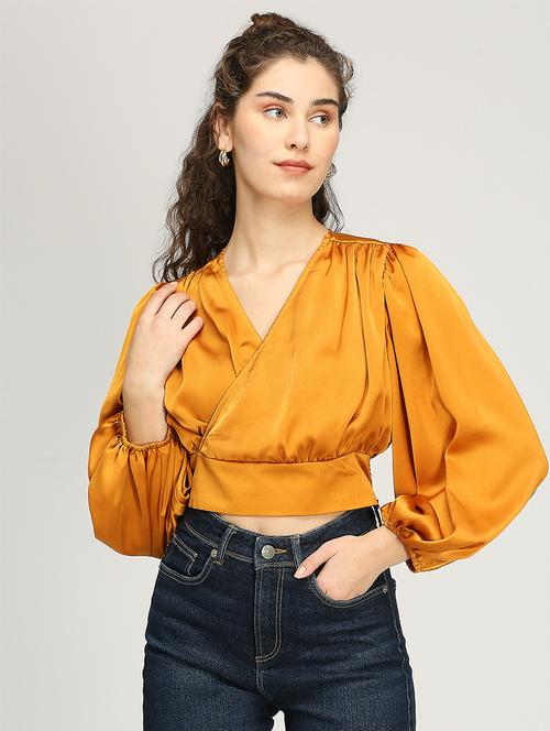 women solid puff sleeves crop top - 21840770 - Very Small Image - 1