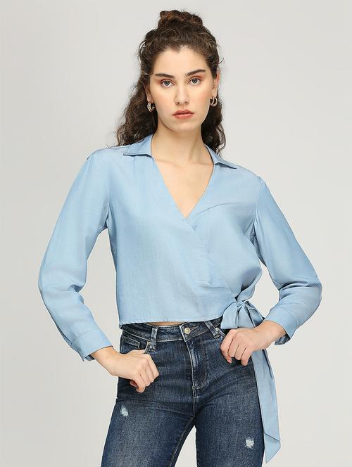 women solid long sleeves wrap top - 21840774 - Very Small Image - 1