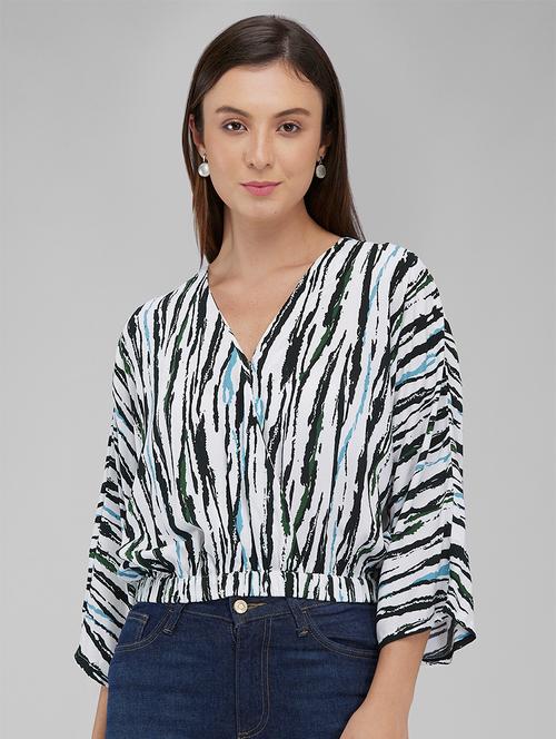 women printed overlap neck blouson top - 21840786 - Very Small Image - 1