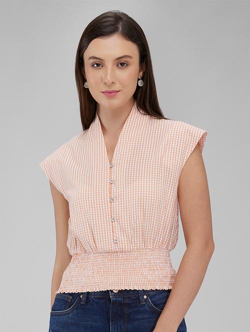 women checkered cap sleeves smocked hem top - 21840790 - Very Small Image - 1