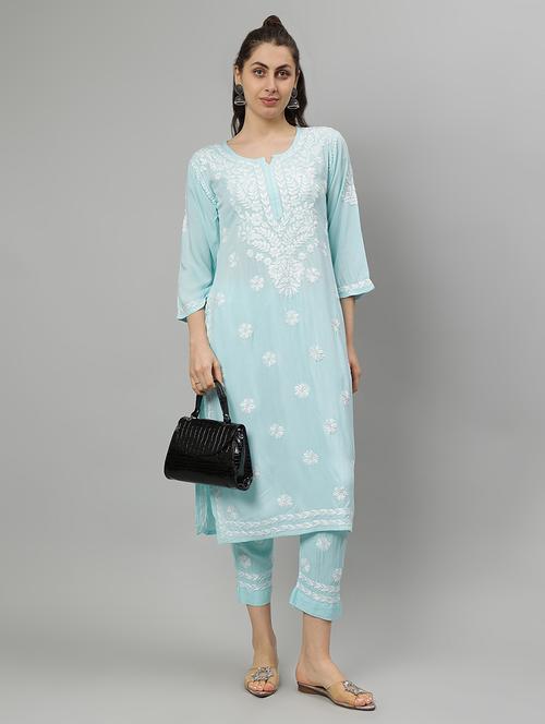 women chikankari three quarter sleeve kurta pant set - 21841519 - Very Small Image - 1