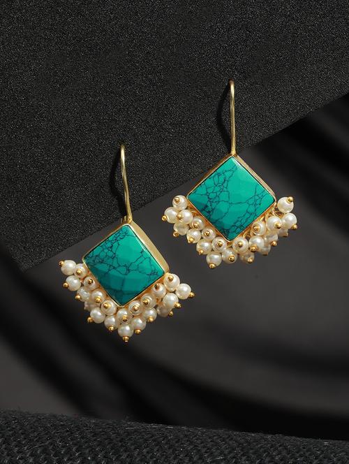 gold plated turquoise blue & pearl beaded drop earrings - 21843636 - Very Small Image - 1