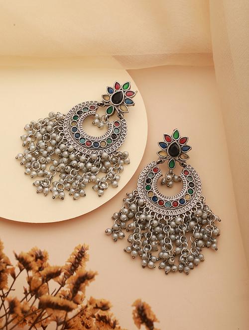 oxidised silver plated nav ratan stoned & pearl beaded chanbali earrings - 21843754 - Very Small Image - 1