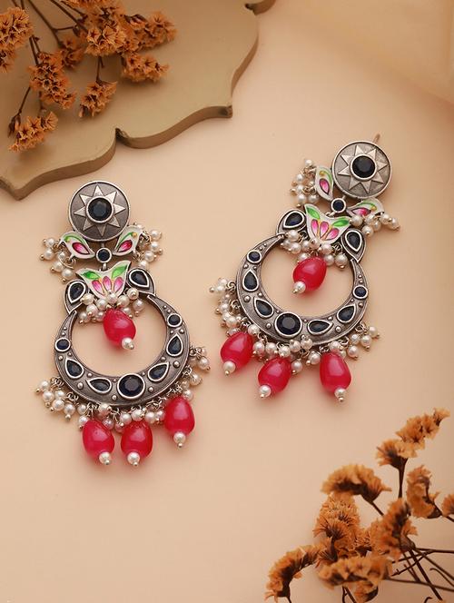 silver oxidised pearl beaded hand painted crescent chandbali earrings - 21843758 - Very Small Image - 1
