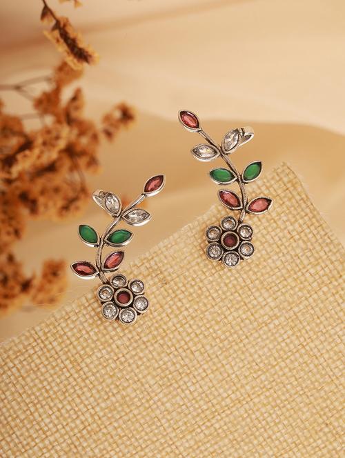 oxidised silver plated red stone studded floral ear cuff earrings - 21843770 - Very Small Image - 1