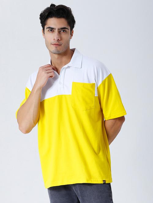 men yellow color block short sleeve oversized polo t-shirt - 21844056 - Very Small Image - 1