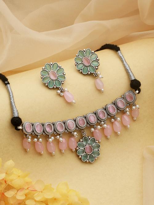 oxidised green stone studded & pink pearl beaded pendant jewellery set - 21845014 - Very Small Image - 1