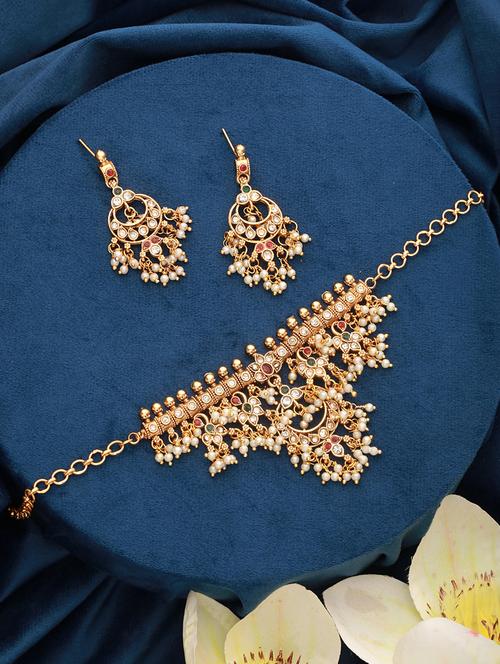 gold plated kemp stones pearl beaded chandbali pendant style choker jewellery set - 21845032 - Very Small Image - 1