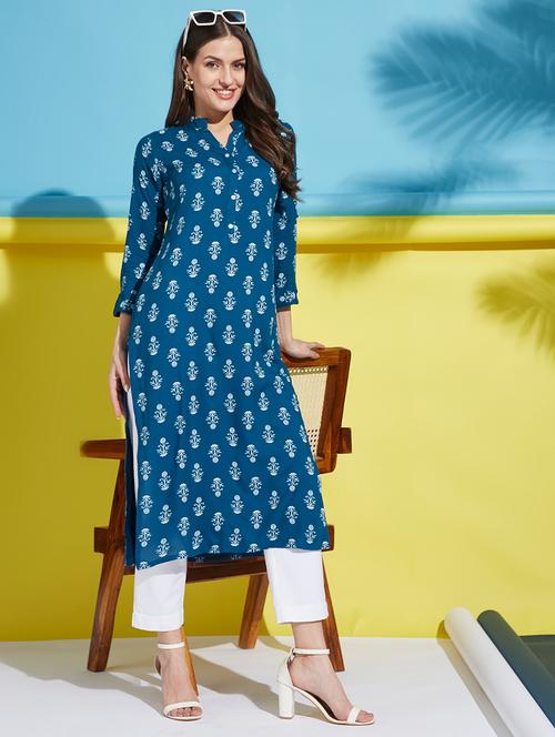 women teal three quarter sleeve straight kurta - 21874788 - Very Small Image - 1