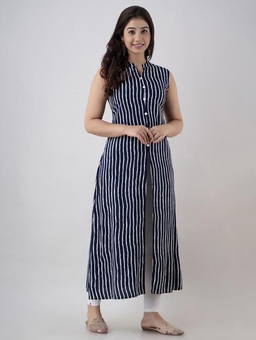 women blue striped sleeveless front slit kurta - 21899034 - Very Small Image - 1