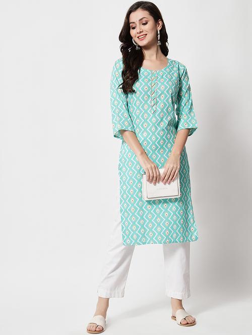 women light blue three quarter sleeve straight kurta - 21899035 - Very Small Image - 1