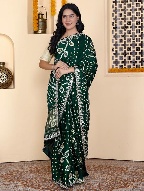 women green bandhani printed saree with blouse - 21901170 - Very Small Image - 1