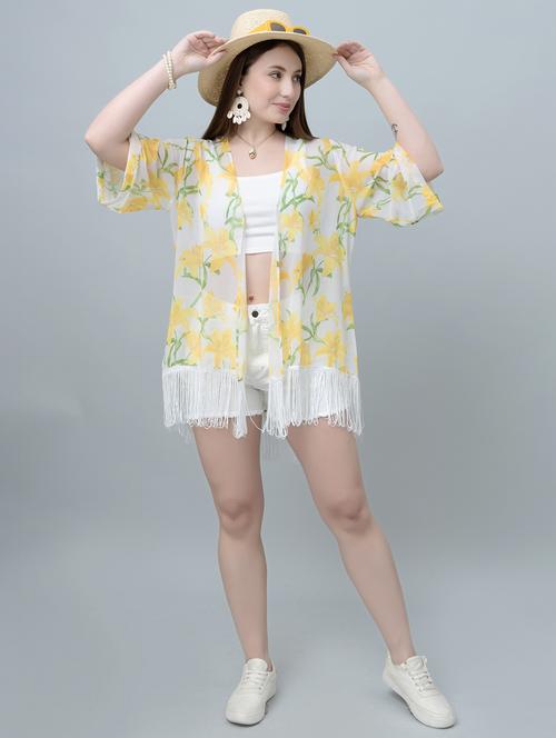 women floral printed fringed hem regular shrug - 21901580 - Very Small Image - 1
