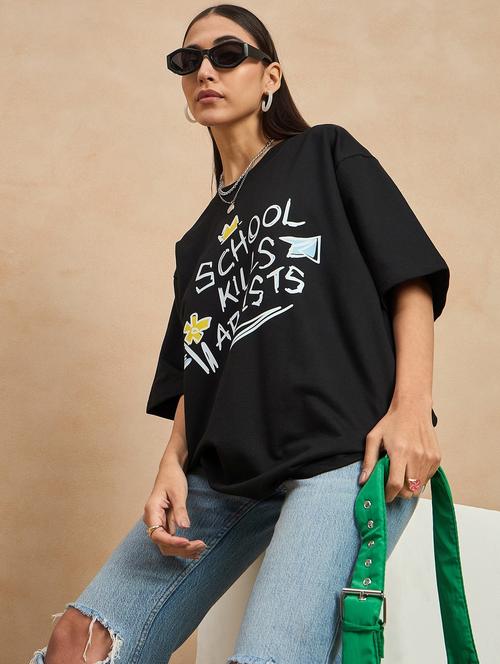 women front print round neck oversized t-shirt - 21902873 - Very Small Image - 1