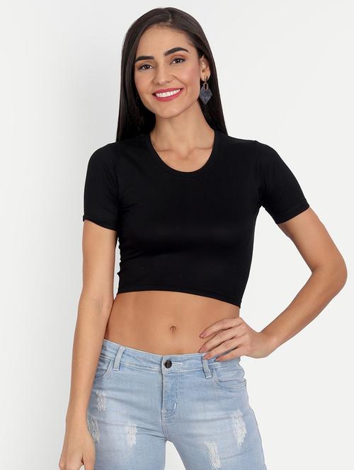 women solid short sleeves crop top - 21903538 - Very Small Image - 1