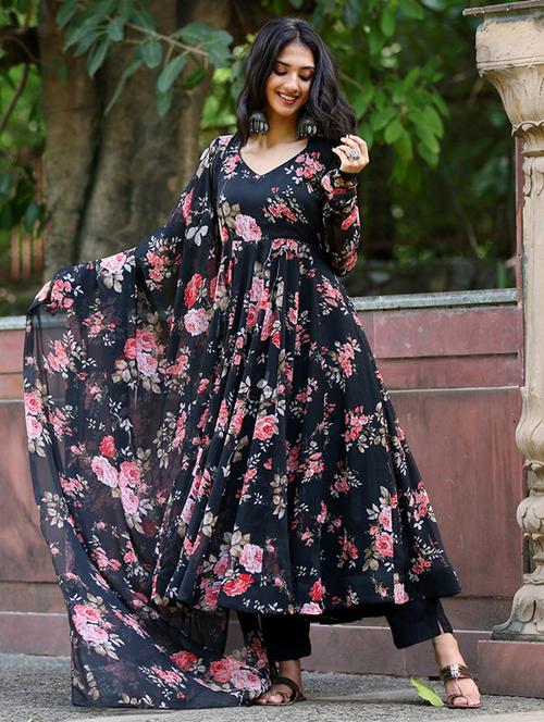 women black long sleeve anarkali kurta pant with dupatta set - 21913445 - Very Small Image - 1