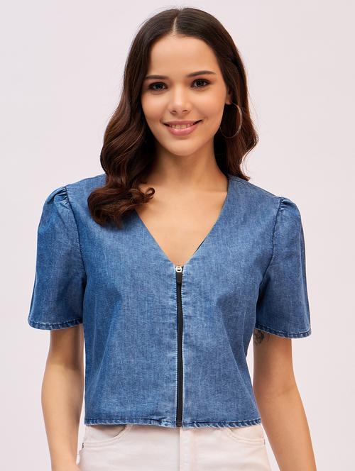 women solid puff sleeves denim crop top - 21916020 - Very Small Image - 1