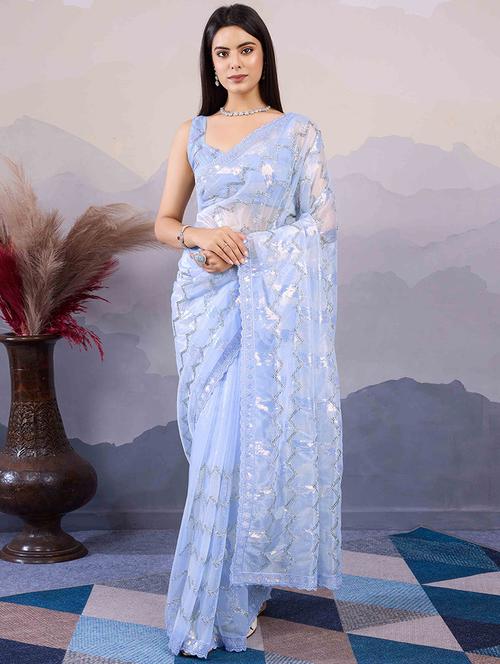 women solid with work embellished saree with blouse - 21916204 - Very Small Image - 1