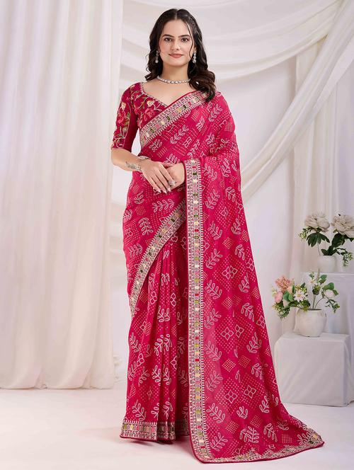 women bandhani printed bordered saree with blouse - 21916227 - Very Small Image - 1