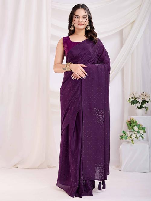 women solid with work embellished saree with blouse - 21916237 - Very Small Image - 1