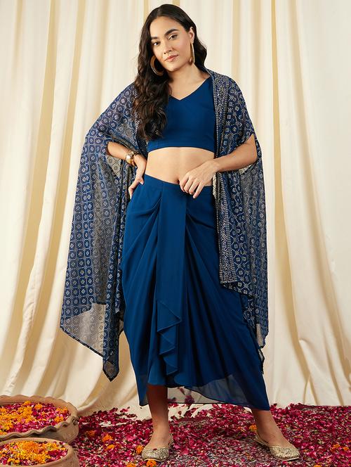 women printed dhoti blouse with shrug fusion set - 21917507 - Very Small Image - 1
