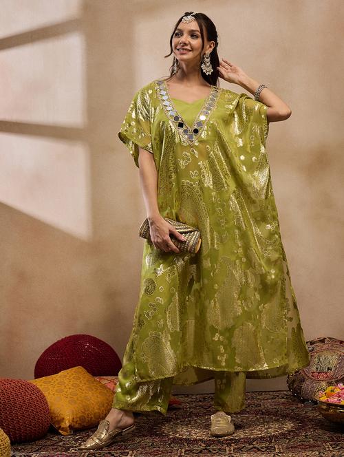 women self design top trouser with kaftan fusion set - 21917529 - Very Small Image - 1
