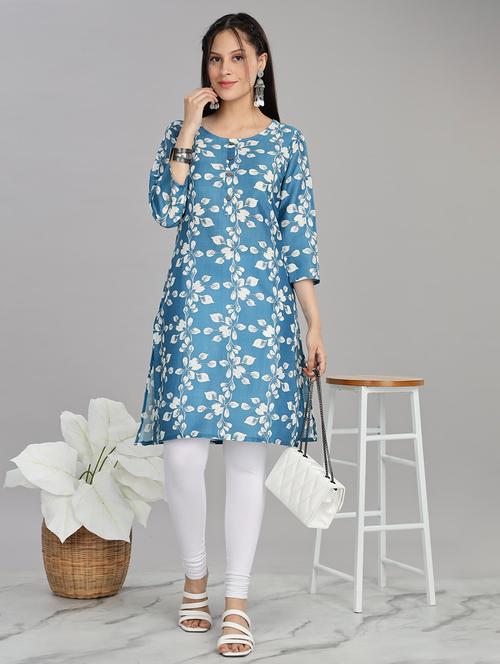women blue three quarter sleeve straight kurta - 21917828 - Very Small Image - 1