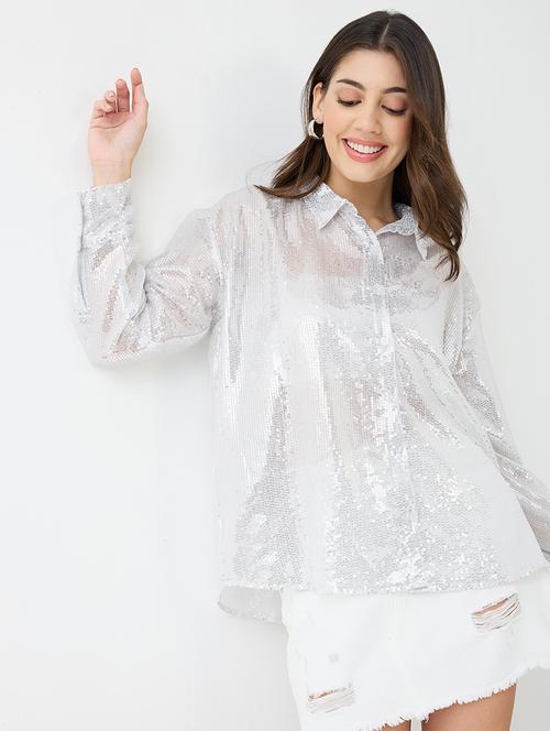 women sequined collared long sleeevs shirt - 21918980 - Very Small Image - 1