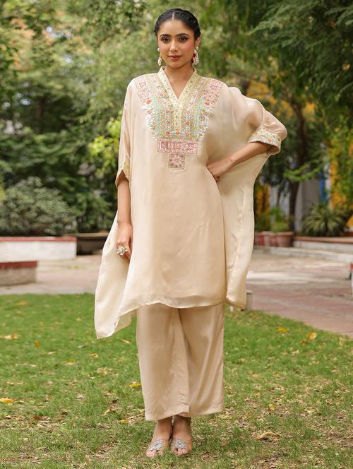 women beige embroidered kimono sleeve kaftan set - 21925583 - Very Small Image - 1