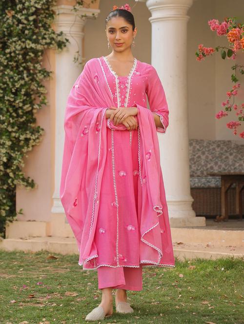 women three quarter sleeve anarkali kurta pant with dupatta set - 21925671 - Very Small Image - 1