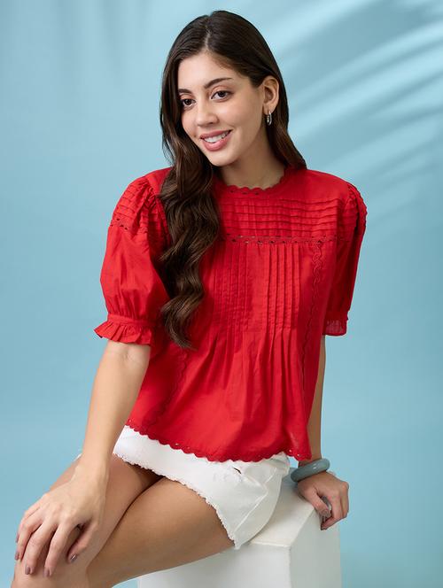 women solid puff sleeves a-line top - 21926755 - Very Small Image - 1