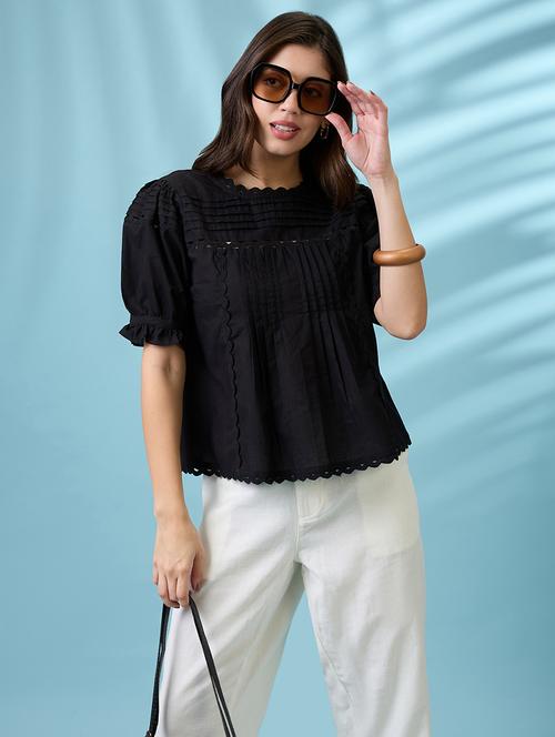 women solid puff sleeves a-line top - 21926756 - Very Small Image - 1