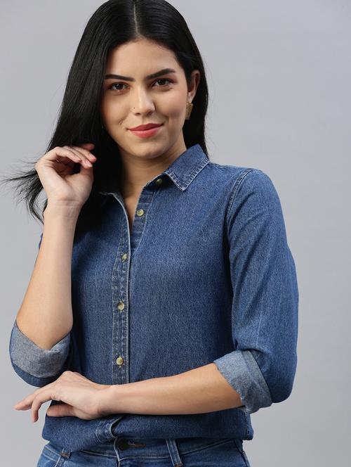 women solid colared denim shirt - 21930442 - Very Small Image - 1