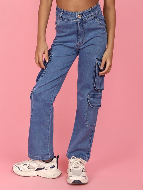 girls solid mid rise denim cargo - 21930605 - Very Small Image - 1