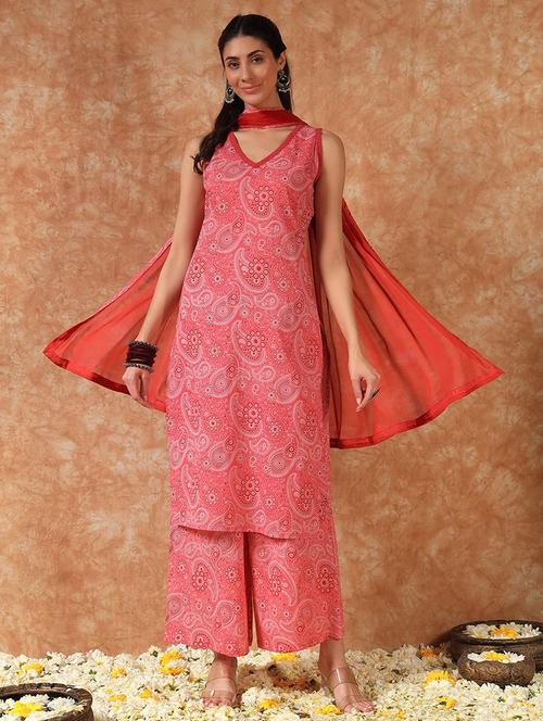 women paisley printed sleeveless kurta palazzo with dupatta set - 21931002 - Very Small Image - 1