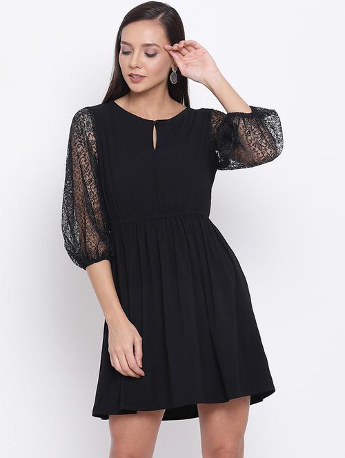women solid puff sleeve laec fit & flared dress - 21931437 - Very Small Image - 1