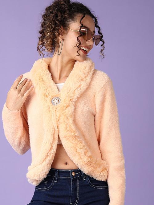 women solid fur detailed long sleeve cardigan - 21939340 - Very Small Image - 1