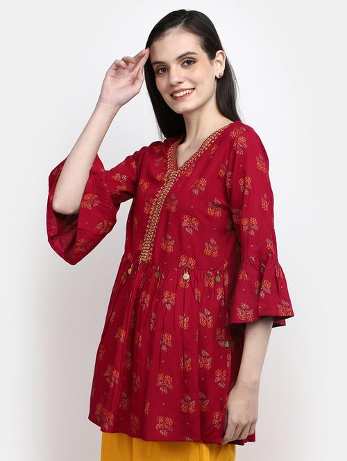 women red bell sleeve a-line kurti - 21940161 - Very Small Image - 1