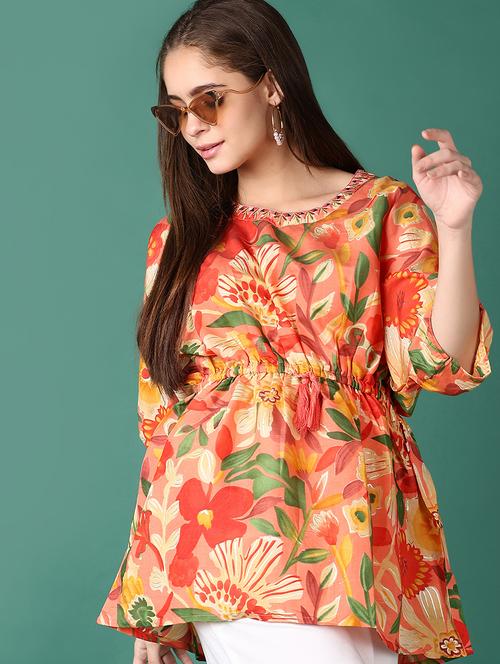 women orange floral printed kaftan kurti - 21940164 - Very Small Image - 1