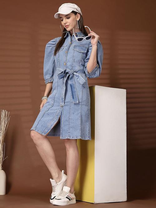 women solid collared puff sleeve denim shirt dress - 21940796 - Very Small Image - 1