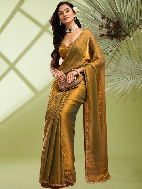 women solid with bordered embellished saree with blouse - 21941345 - Very Small Image - 1