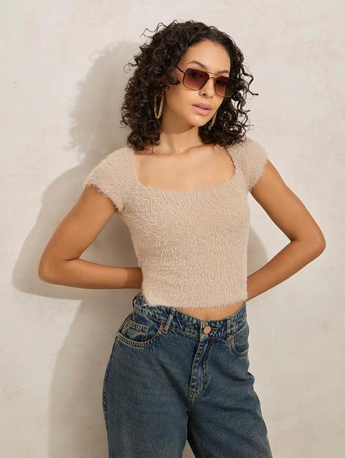 women solid short sleeve back tie crop top - 21941939 - Very Small Image - 1