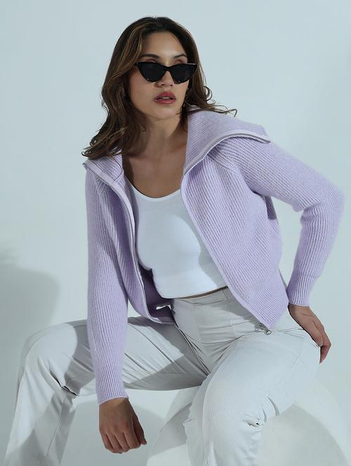women lavender self design long sleeve cardigan - 21941996 - Very Small Image - 1