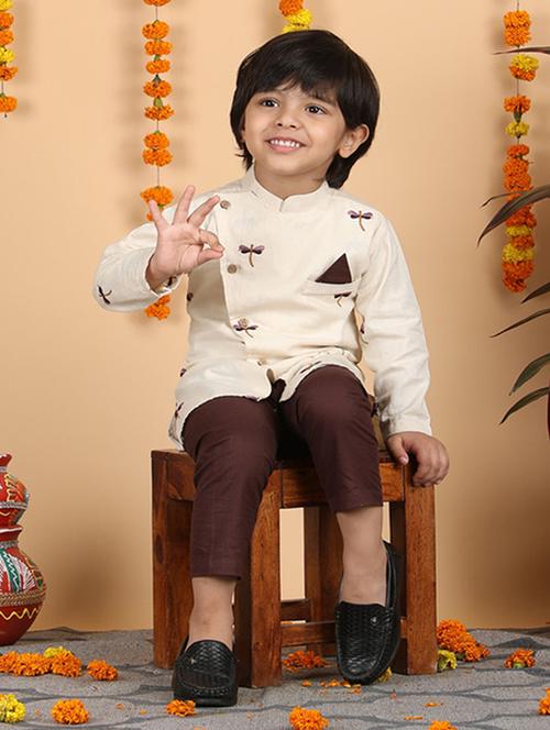 boys embroidered long sleeve kurta & pyjama set - 21942046 - Very Small Image - 1